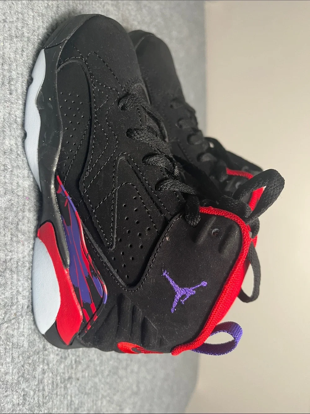 Nike Kids Black and Red High-Top Sneakers with Purple Pull Tabs